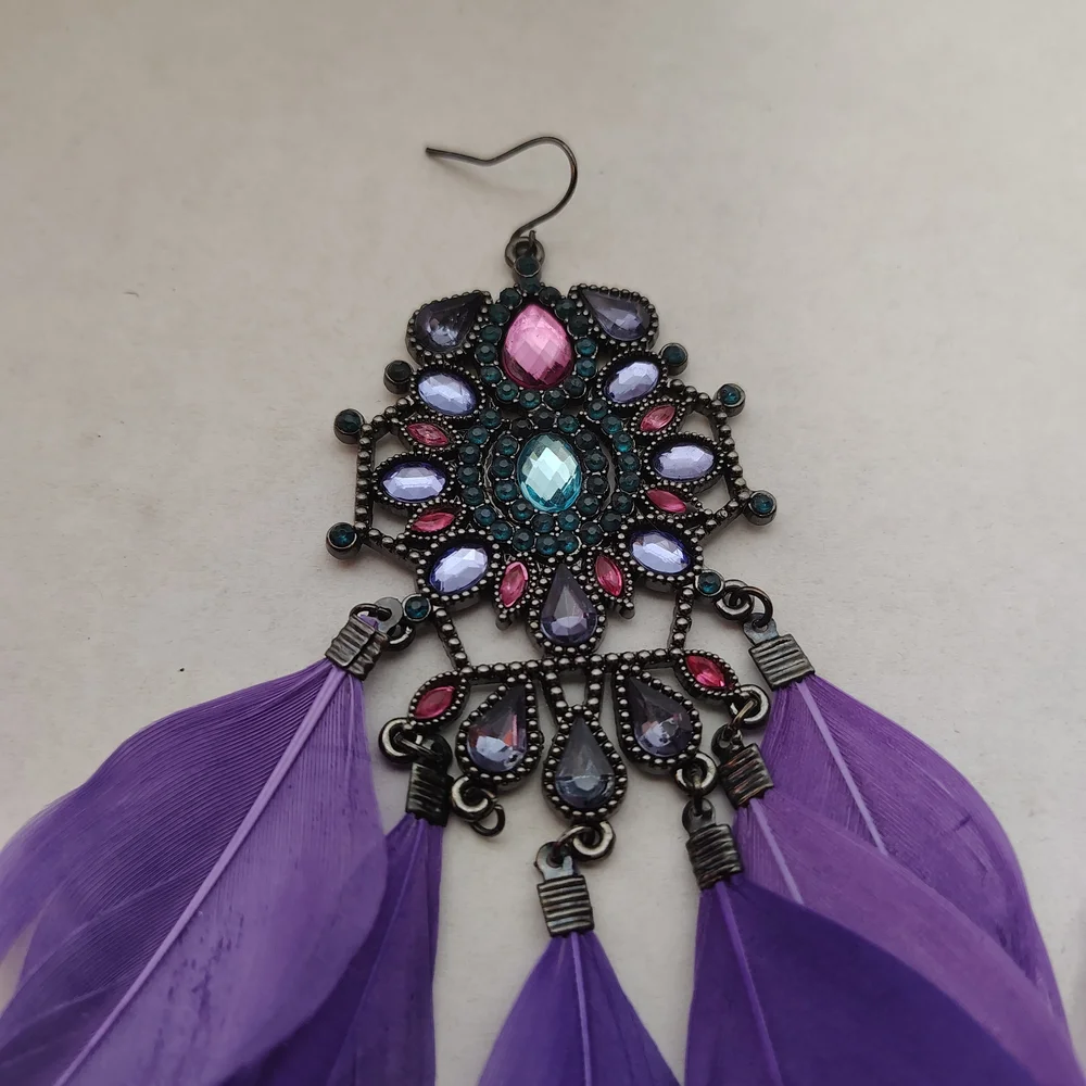 Bohemian Boho Purple Feather Stone Dangle Drop Ethnic Long Hook Earrings